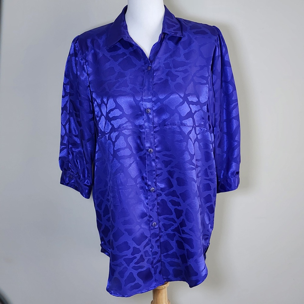 Vintage Jacquard Animal Print Blouse Womens Large Purple Satin Button Up 90s Top
